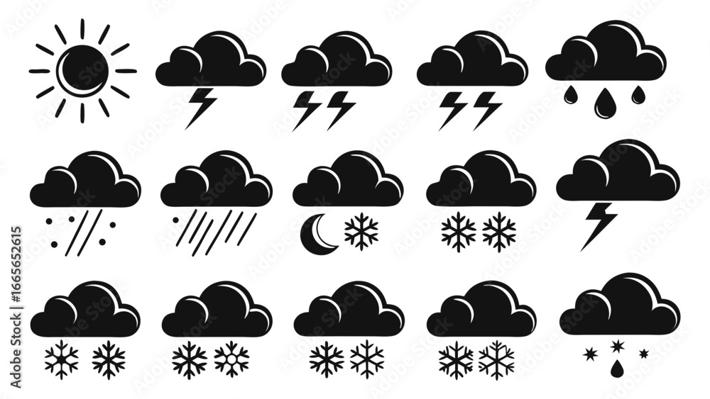 Poster a collection of black and white weather icons including sun clouds with lightning rain snow and a cr