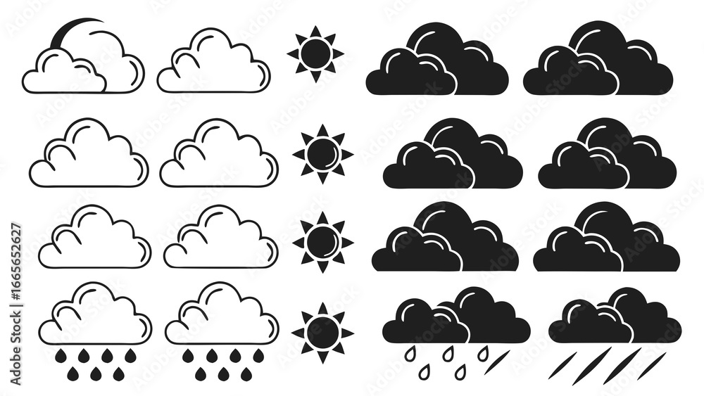 Aufkleber collection of stylized weather icons featuring various cloud formations sun symbols and precipitatio