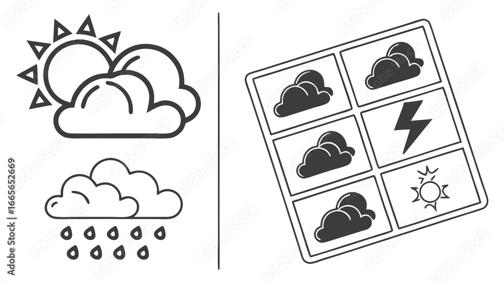 Aufkleber a collection of weather icons including a partly cloudy sun rain clouds and a panel displaying vario