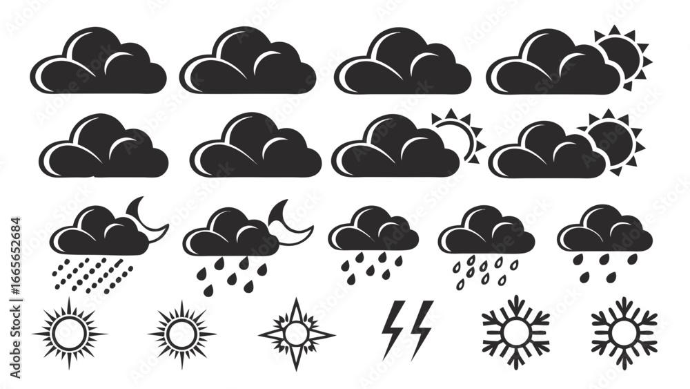 Aufkleber collection of weather icons including clouds sun moon rain lightning and snowflakes on a white backg