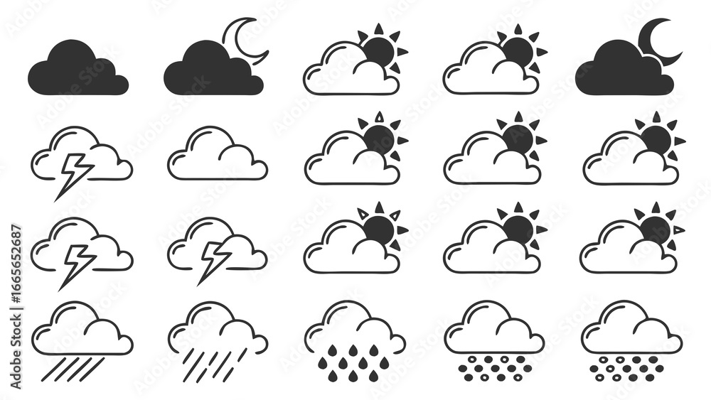 Poster collection of weather icons featuring clouds with sun moon lightning and rain in various styles incl