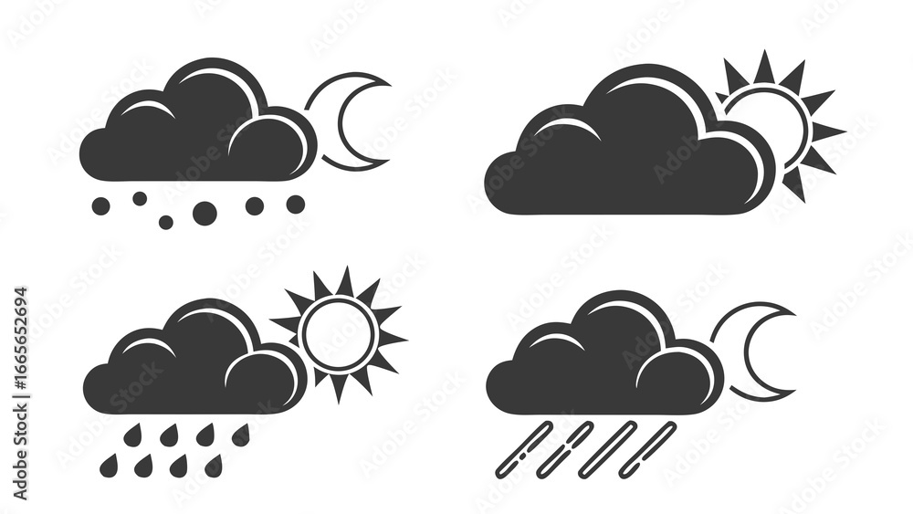 Poster four weather icons depicting different atmospheric conditions including a cloudy night with snow a p