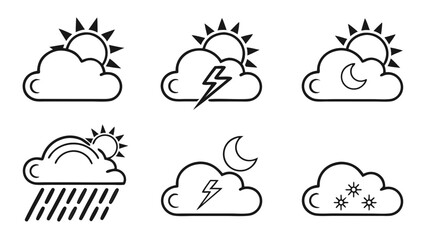 A collection of simple black and white line art weather icons depicting various meteorological conditions including sun clouds rain lightning moon and snow
