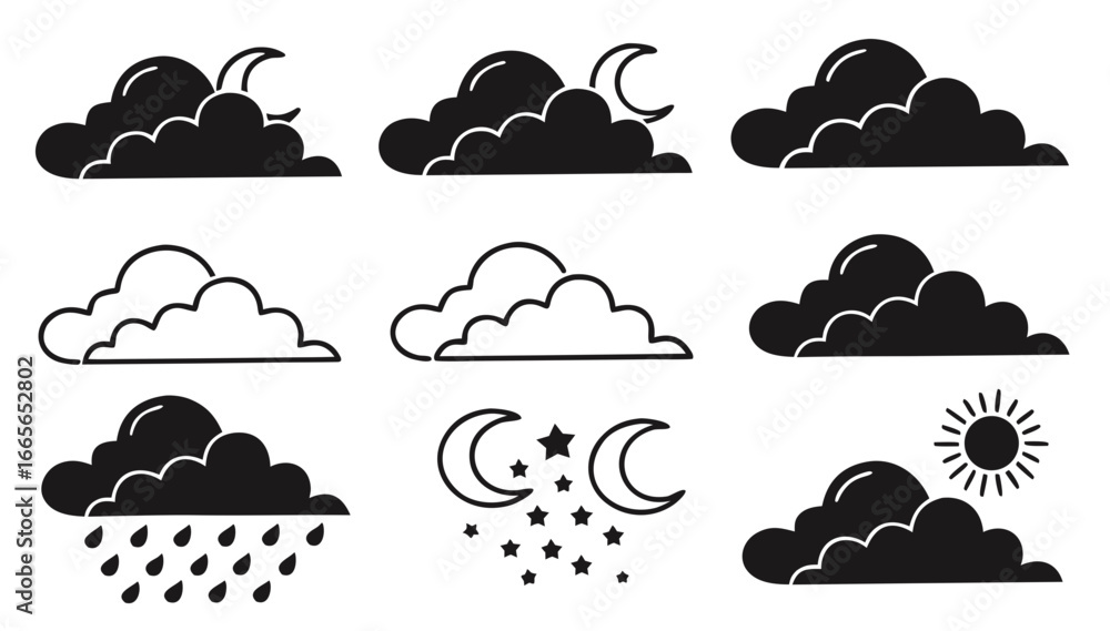 Aufkleber a collection of weather icons featuring clouds with moons stars rain and a sun presented in both sil
