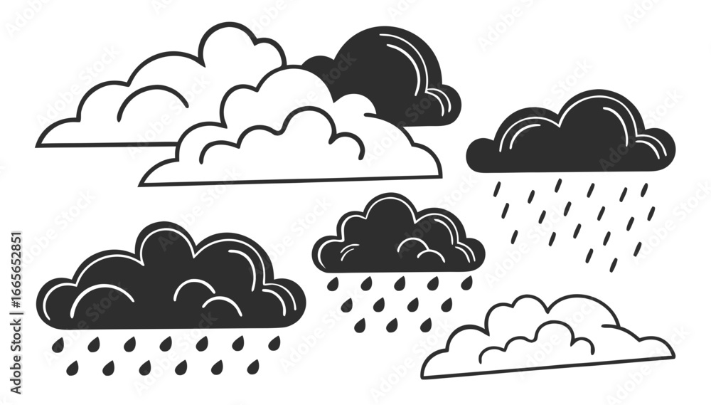 Aufkleber a collection of stylized hand drawn clouds in various sizes and shades of gray some with rain fallin