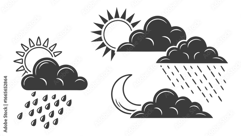 Aufkleber collection of weather icons featuring sun behind clouds with rain sun behind clouds and crescent moo