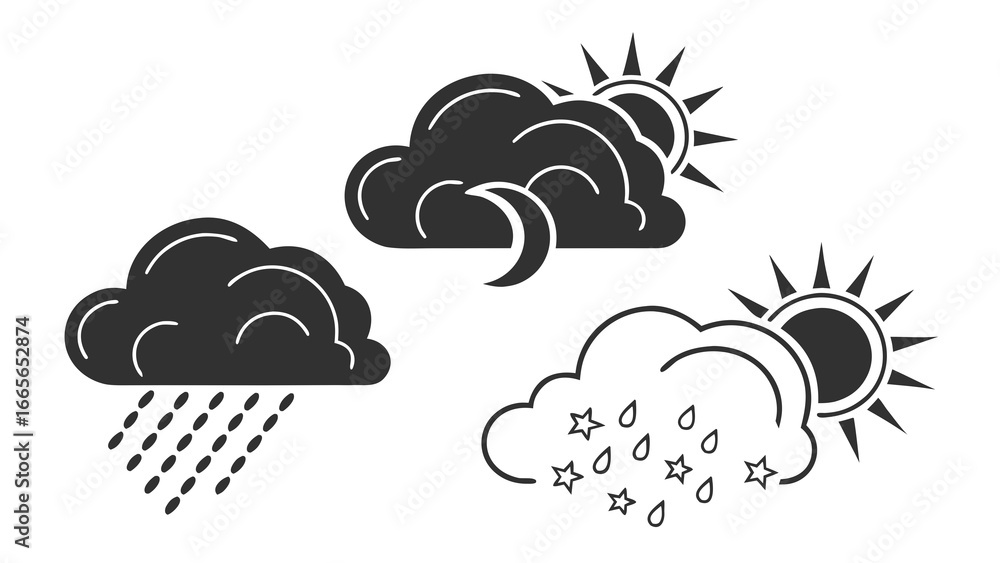 Aufkleber collection of simple weather icons depicting rain sun behind clouds and a crescent moon behind cloud