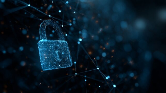 Lock icon representing cybersecurity protection with encrypted digital data, secure global network infrastructure, 5g high-speed internet connection, cloud computing, and big data analysis background
