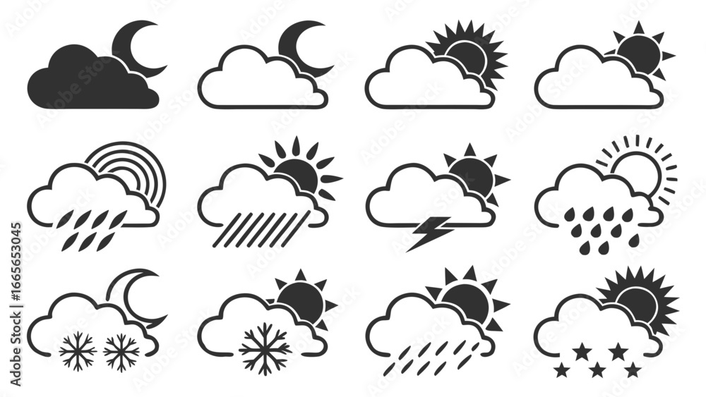 Poster a collection of twelve weather icons representing various meteorological conditions including cloudy