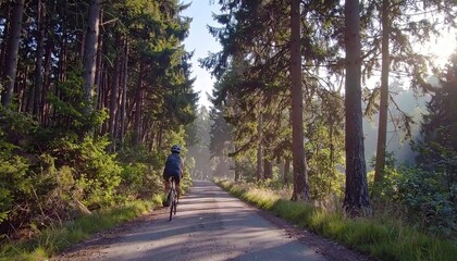 Obraz premium Cyclist Riding Bike Path Through Sunlit Forest