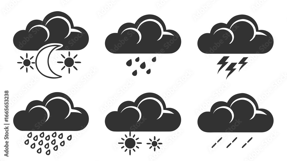 Poster a collection of six distinct weather icons depicting various meteorological phenomena including rain