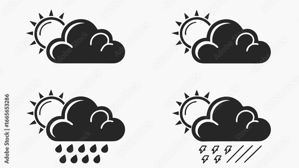 Aufkleber collection of four stylized weather icons depicting different atmospheric conditions with sun and cl