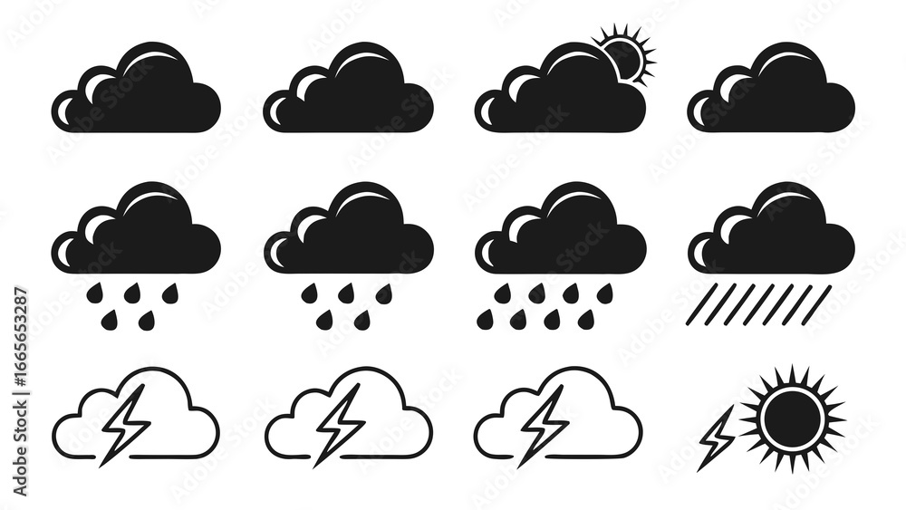 Poster collection of weather icons featuring various cloud formations rain sun and lightning bolts represen