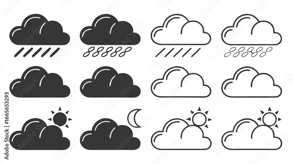 Aufkleber collection of weather icons featuring clouds with rain sun and moon in both filled and outline style