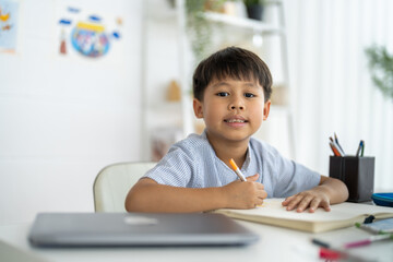 Asian boy studying with pencil at home smiling writing with notebook and school supplies, online...