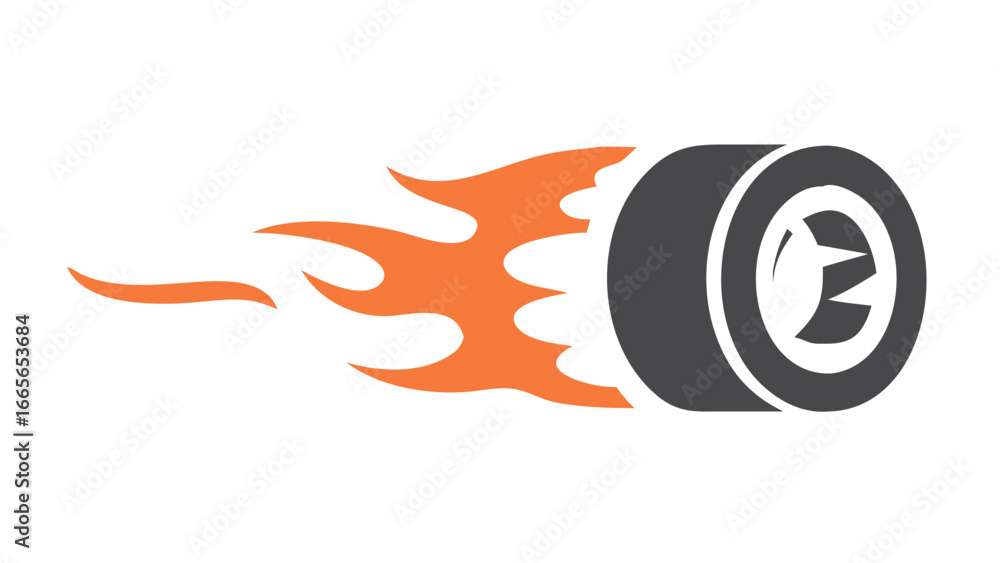 Poster A stylized graphic representation of a car tire with orange flames trailing behind it on a black background symbolizing speed and power
