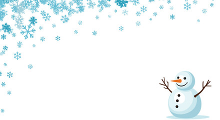 A cheerful snowman with twig arms stands under a shower of light blue snowflakes on a white background