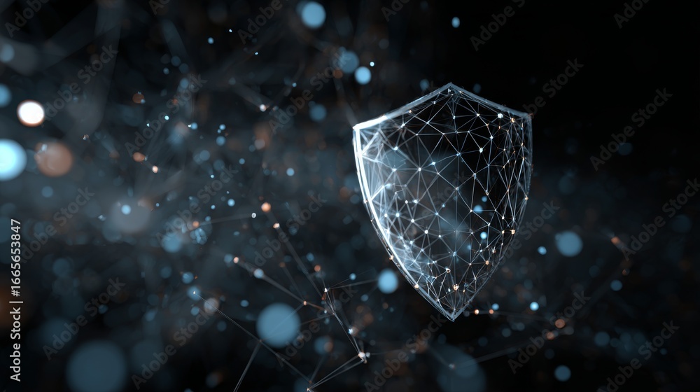 Poster shield icon representing cybersecurity and data protection with futuristic digital network connectio
