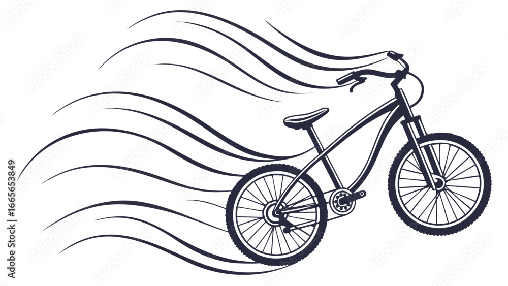 Poster dynamic illustration of a stylized bicycle in motion with flowing lines representing speed and wind 