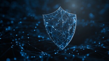 Shield icon representing cybersecurity and data protection with futuristic digital network connections, secure online communication, and advanced technology background concept