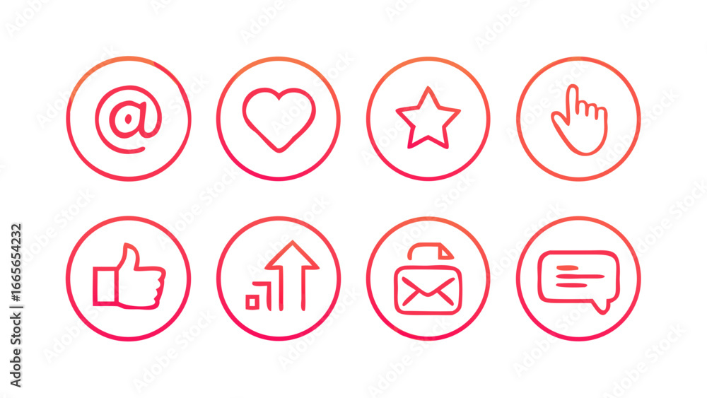 Poster a collection of eight social media and communication icons including an at symbol heart star pointer
