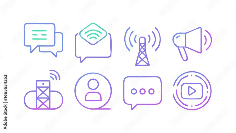 Poster a collection of modern communication and technology icons with a vibrant gradient including chat bub