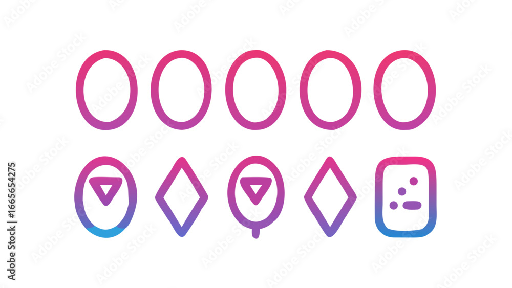 Aufkleber a collection of abstract geometric shapes and icons with a vibrant pink to blue gradient on a black 