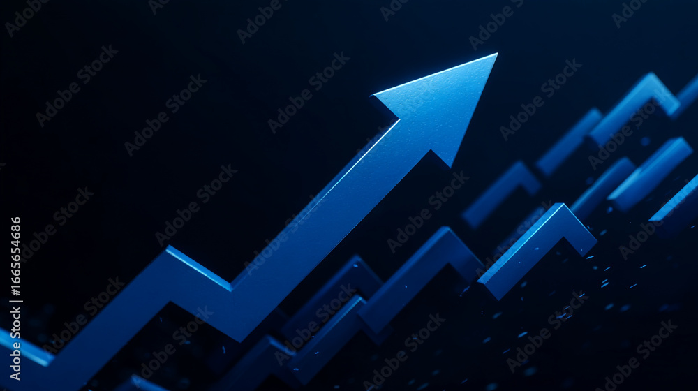Poster A dynamic display of blue arrows pointing upwards against a dark background scene