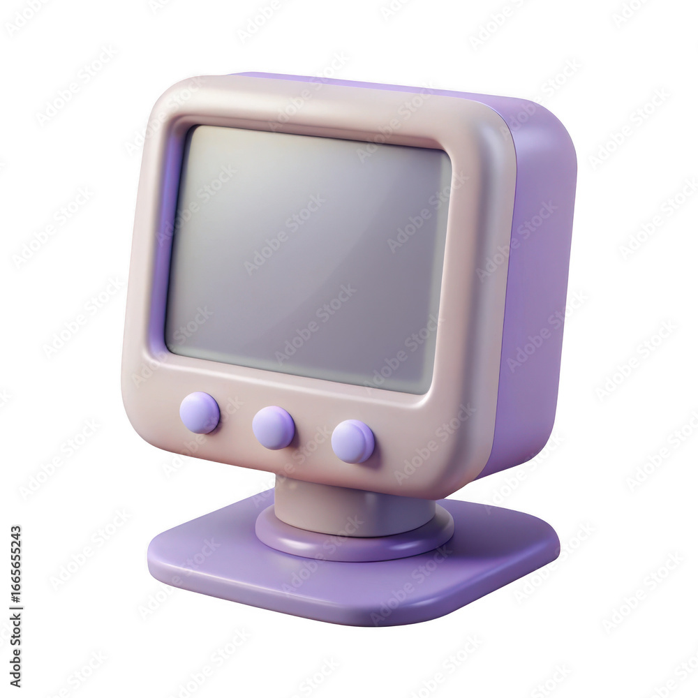 Fototapete retro 3d rendered computer monitor with pastel pink and purple casing and three buttons displayed on