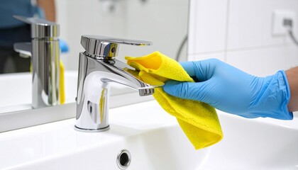 Close-up of a gloved hand cleaning a chrome bathroom faucet with a yellow cloth—symbolizing hygiene, routine care, and the quiet precision of domestic cleanliness in a modern setting.