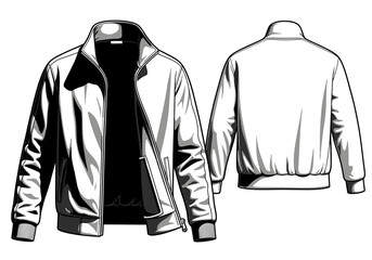 Fashion sketch of a Jacket: A meticulously crafted black-and-white fashion sketch showcases the front and back views of a stylish jacket, offering a glimpse into the world of design and apparel.