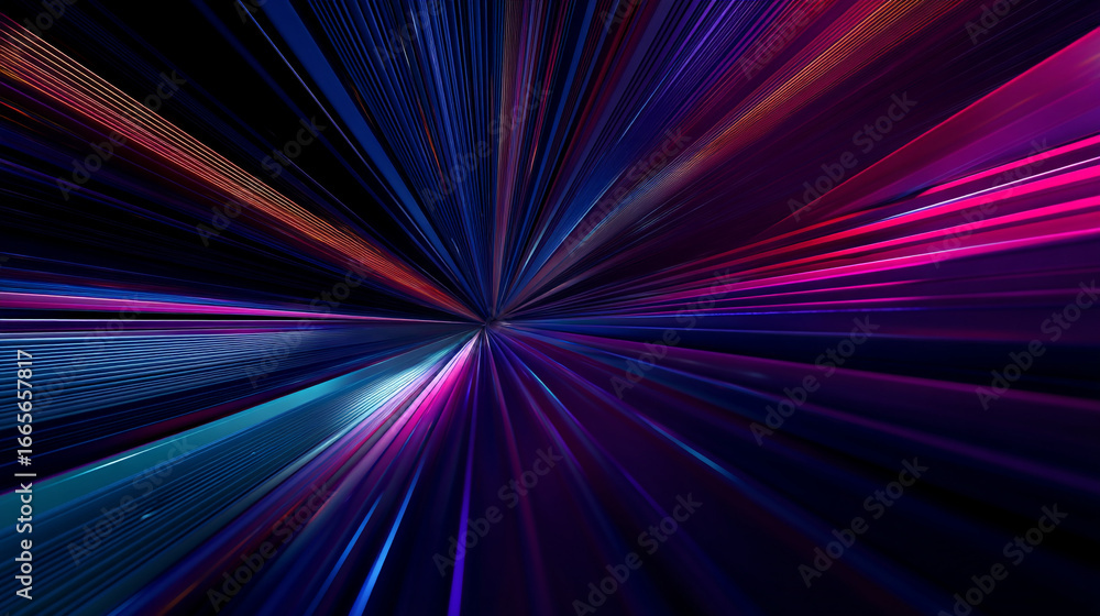 Poster abstract background with colorful light streaks converging to a central point