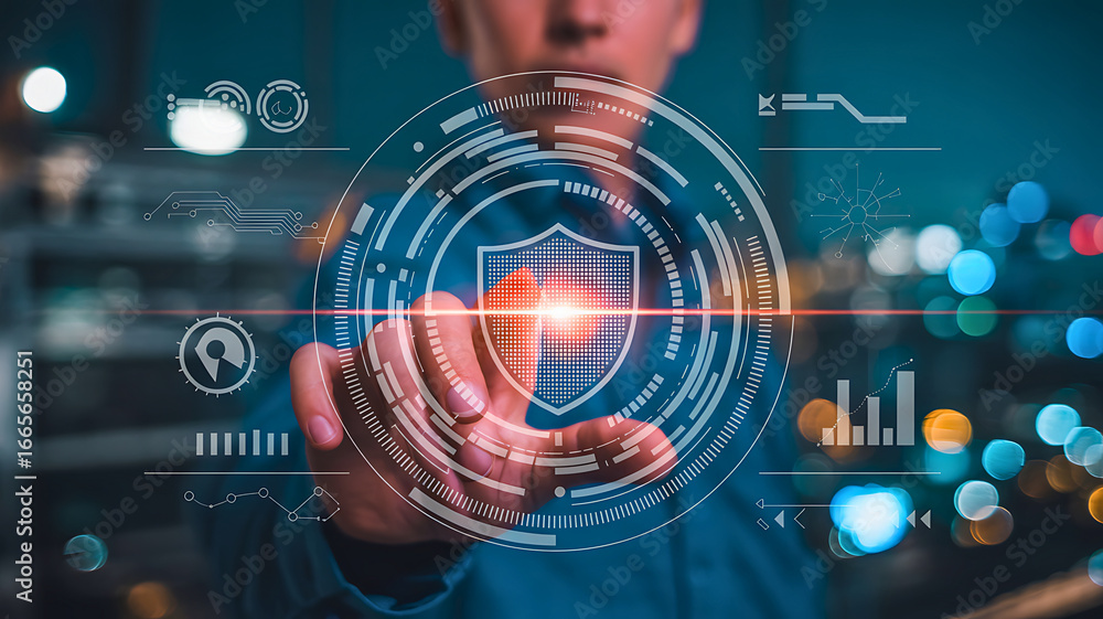Poster protecting digital data a man touches a glowing shield icon with data visualizations