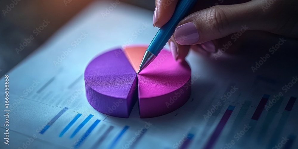 Aufkleber a macro photograph of a hand with a pen pointing at a 3d pie chart. this image is suitable for websi