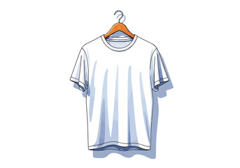 A white t-shirt hangs on a wooden hanger against a plain white background, casting a subtle shadow.