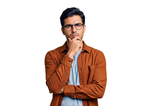 Photo of thoughtful man in glasses isolated on transparent background is thinking deeply