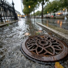 Rainy city street gutter overflowing