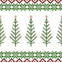 Green Red and White Pixelated Christmas Seamless Pattern, Resembling a Cross-Stitch Design with Stylized Christmas Tree. Christmas Theme Pixel Art Repeating Pattern. Pixelated Holiday Pattern.
