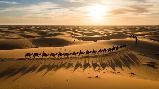 Wide shot of a long caravan of camels crossing a vast, sandy desert landscape at sunset, creating long shadows; 4k video footage with warm, golden tones.