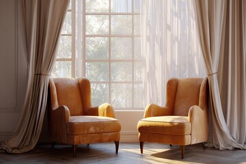 Two vintage orange armchairs positioned near a large window with sheer curtains. Soft natural light illuminates the room, creating a cozy atmosphere.