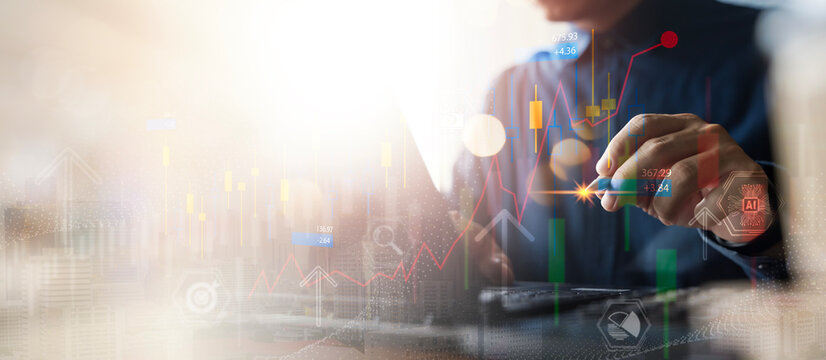 Financial data analysis with stock market graphs, business growth charts, and technology innovation concept