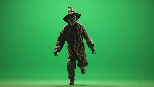 Scarecrow costume figure walking on a green screen in a studio for halloween or horror content green screen halloween video