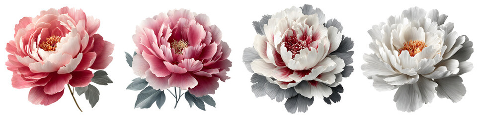 Watercolor Peony Flowers in Pink and White on White Background