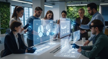 Innovative Business Team Engages with Futuristic Holographic Data in Modern Office Meeting