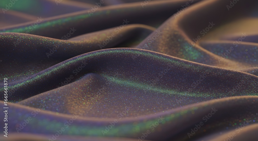 Poster close-up shot of iridescent fabric draped in soft waves: abstract texture and shimmering surface