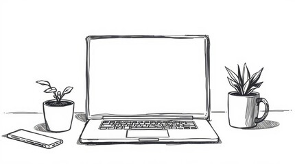 Illustrated laptop on a desk with a phone and potted plants, sketch art
