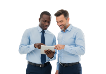 Photo of two businessmen using tablet isolated on transparent background discussing project