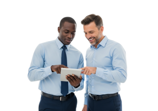 Photo of two businessmen using tablet isolated on transparent background discussing project