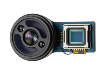 Detailed close-up of a miniature camera module lens and image sensor technology transparent background