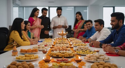 Indian colleagues celebrate diwali festival with festive treats and decorations at the office